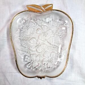 Hazel-Atlas Mid-Century Modern Clear Glass Apple Plate 22K Gold Trim 1950s MCM